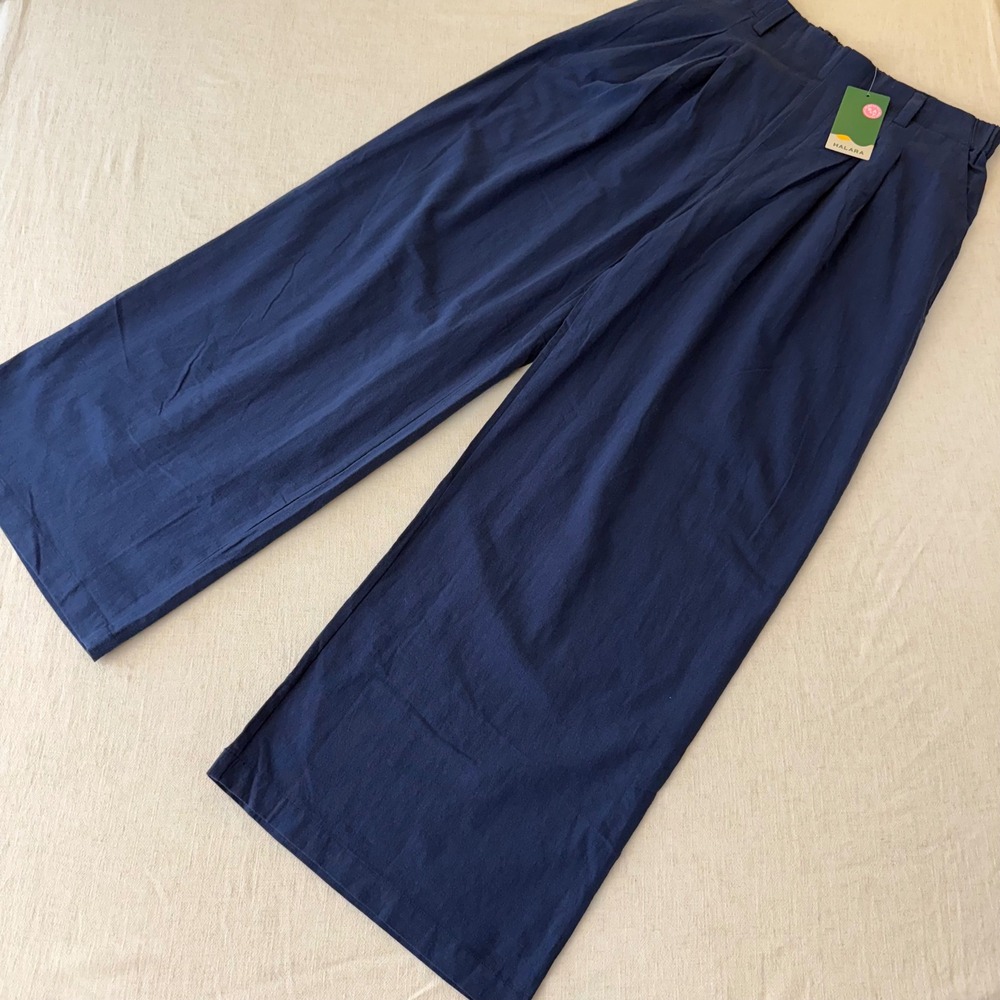 Halara Insignia Blue Wide Leg Cotton Pleated Pants Womens Large NWT